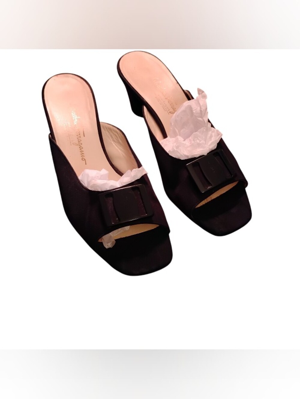 Vintage Salvatore Ferragamo Black Satin Square Toe Mules - Size 9
